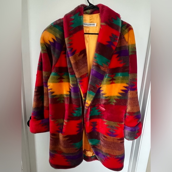 Vintage Donnybrook 80s Regal Plush Faux Fur Coat Rainbow Tribal Oversized Small - Picture 1 of 6